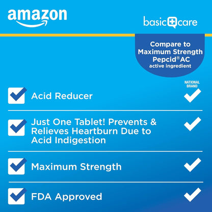 Amazon Basic Care Maximum Strength Famotidine Tablets 20 mg, Acid Reducer for Heartburn Relief, Prevents & Relieves Acid Indigestion, Heartburn Medicine, 12 Hour Protection, 200 Count - Maple Wellness Supplements