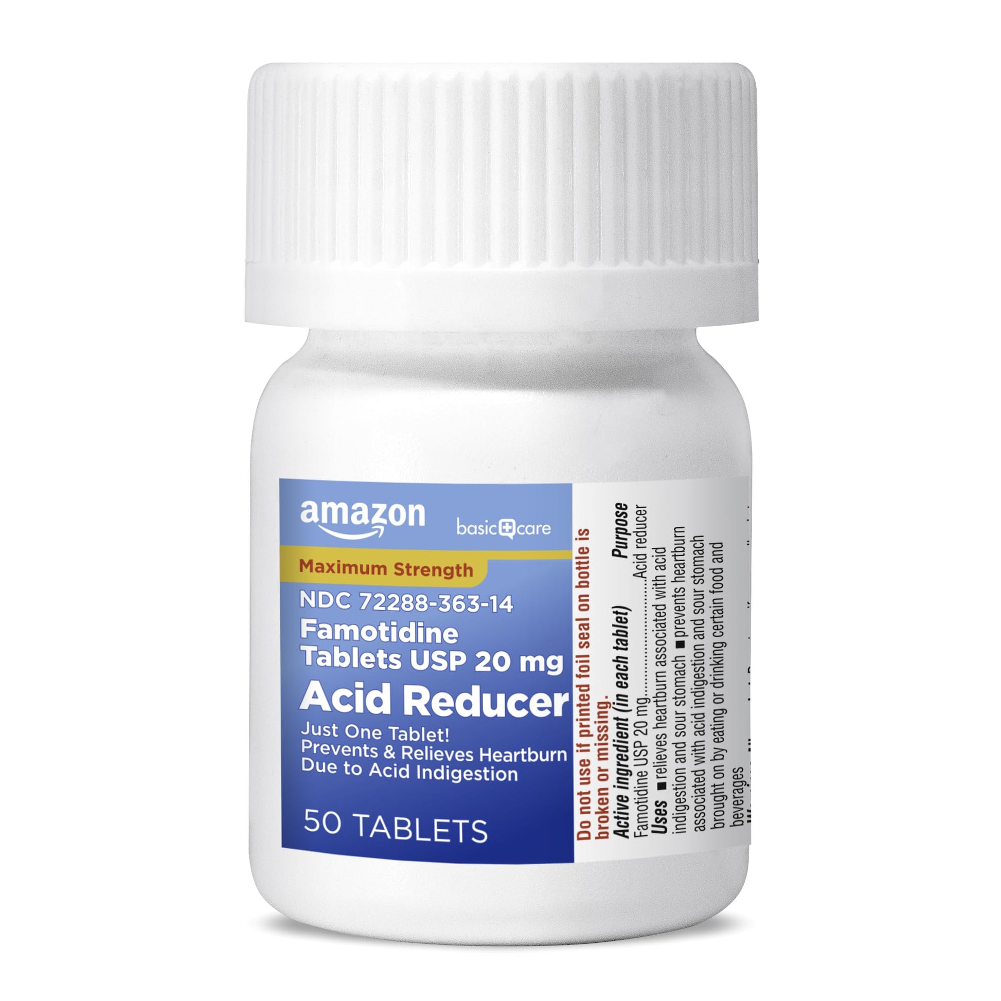 Amazon Basic Care Maximum Strength Famotidine Tablets 20 mg, Acid Reducer for Heartburn Relief, Prevents & Relieves Acid Indigestion, Heartburn Medicine, 50 Count - Maple Wellness Supplements
