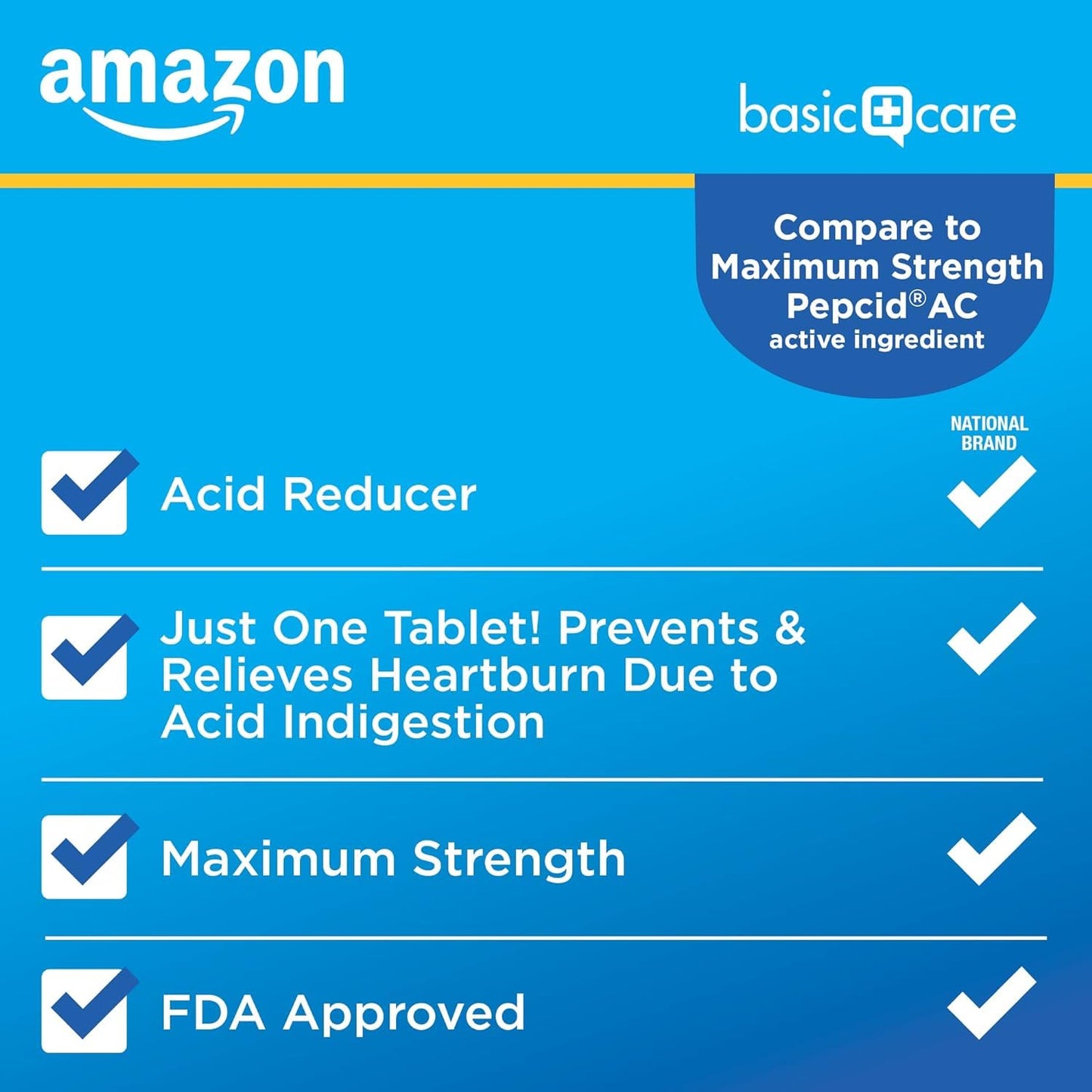 Amazon Basic Care Maximum Strength Famotidine Tablets 20 mg, Acid Reducer for Heartburn Relief, Prevents & Relieves Acid Indigestion, Heartburn Medicine, 50 Count - Maple Wellness Supplements