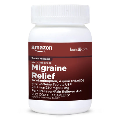 Amazon Basic Care Migraine Relief Acetaminophen, Aspirin (NSAID) and Caffeine Tablets, Pain Reliever/Pain Reliever Aid, 200 Count - Maple Wellness Supplements