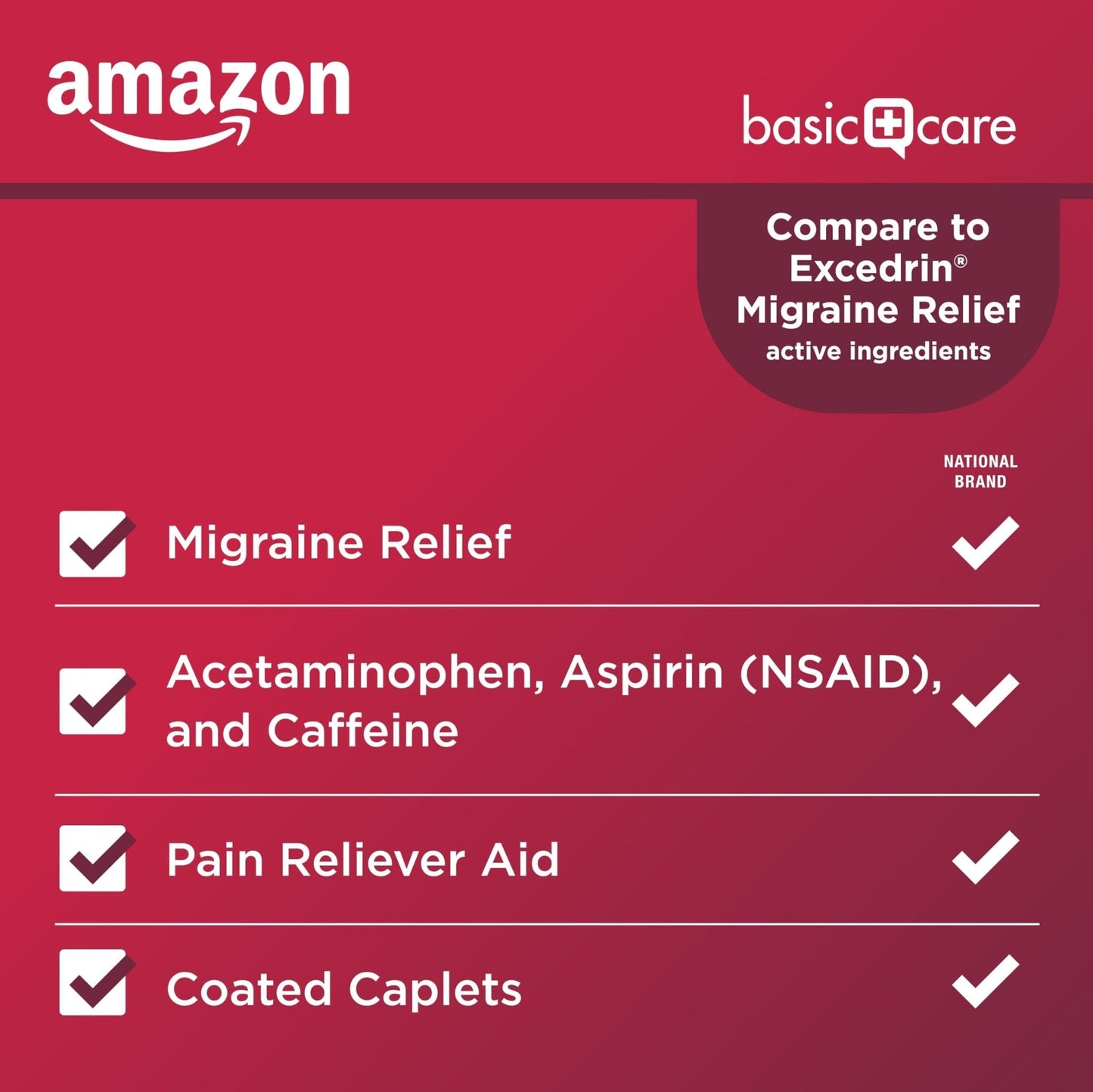 Amazon Basic Care Migraine Relief Acetaminophen, Aspirin (NSAID) and Caffeine Tablets, Pain Reliever/Pain Reliever Aid, 200 Count - Maple Wellness Supplements