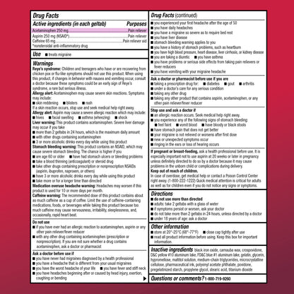 Amazon Basic Care Migraine Relief Geltabs, Pain Reliever, Acetaminophen 250 mg, Aspirin 250 mg (NSAID) and Caffeine 65 mg, Headache Relief, 80 Count - Maple Wellness Supplements