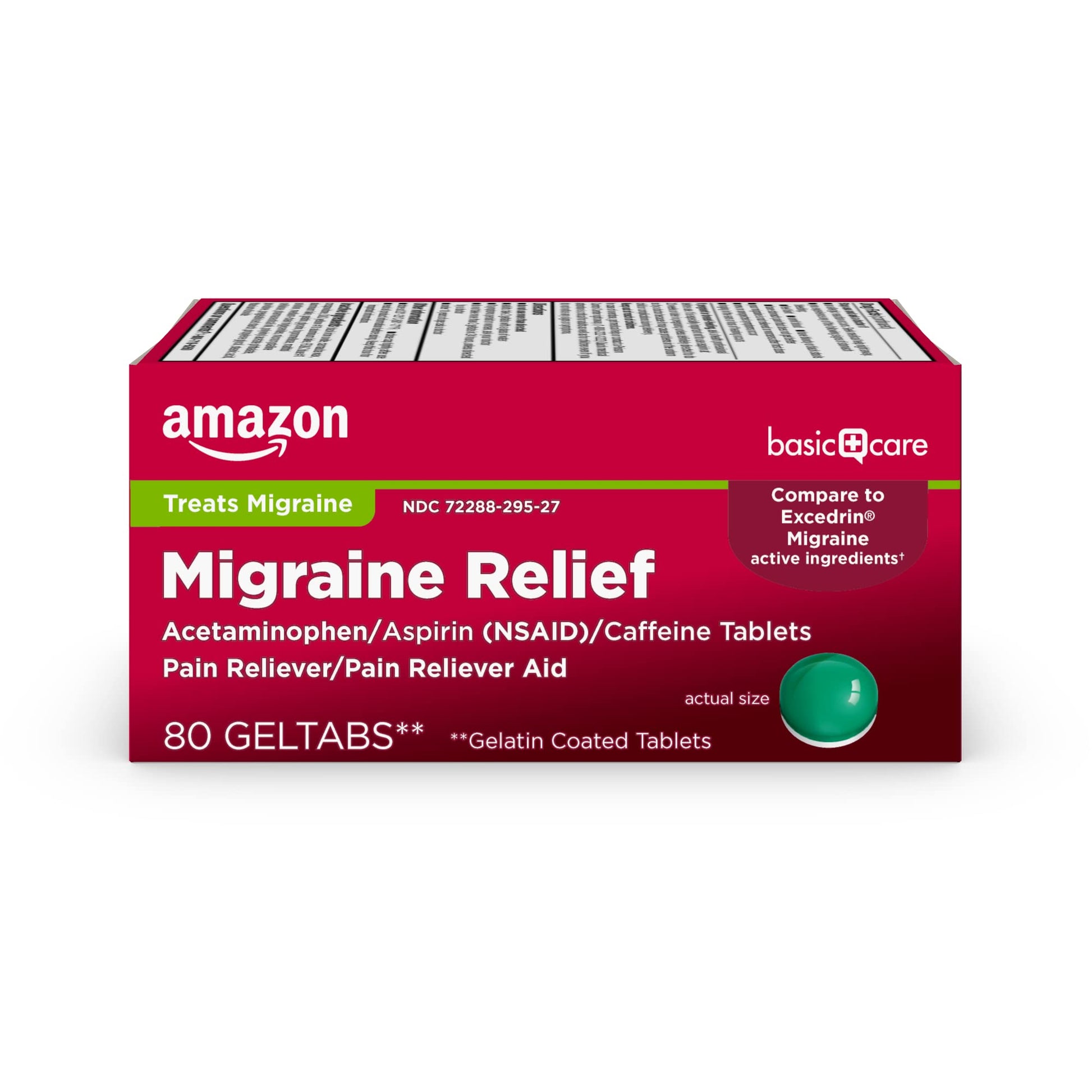 Amazon Basic Care Migraine Relief Geltabs, Pain Reliever, Acetaminophen 250 mg, Aspirin 250 mg (NSAID) and Caffeine 65 mg, Headache Relief, 80 Count - Maple Wellness Supplements
