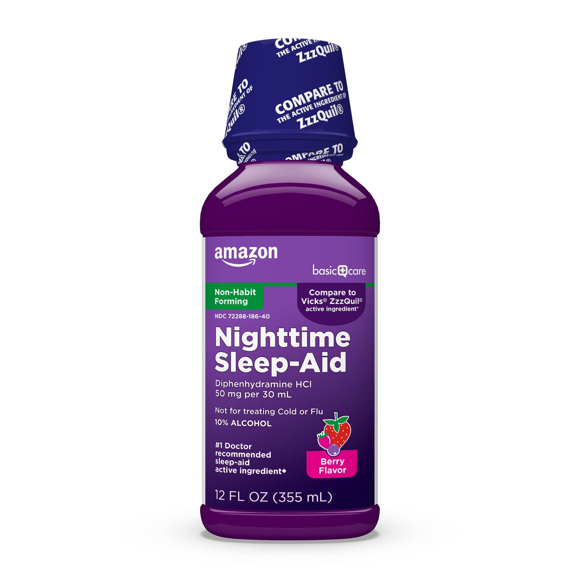 Amazon Basic Care Nighttime Sleep-Aid Liquid for Adults, Helps Fall Asleep Fast, Diphenhydramine HCl 50 mg, Mixed Berry Flavor, 12 fl oz (Pack of 1) - Maple Wellness Supplements