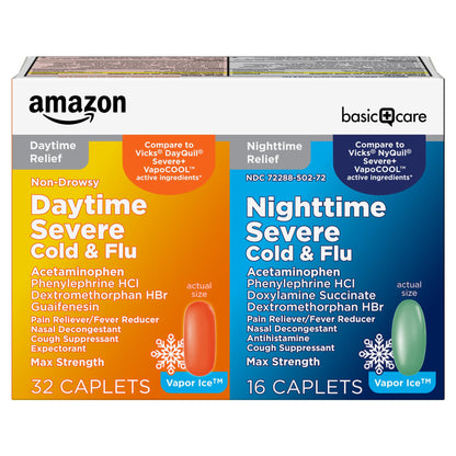 Amazon Basic Care Vapor Ice Day and Night Severe Cold and Flu Relief Caplets, Maximum Strength Multi-Symptom Medicine for Cough, Sore Throat, Nasal Congestion, 48 Count - Maple Wellness Supplements