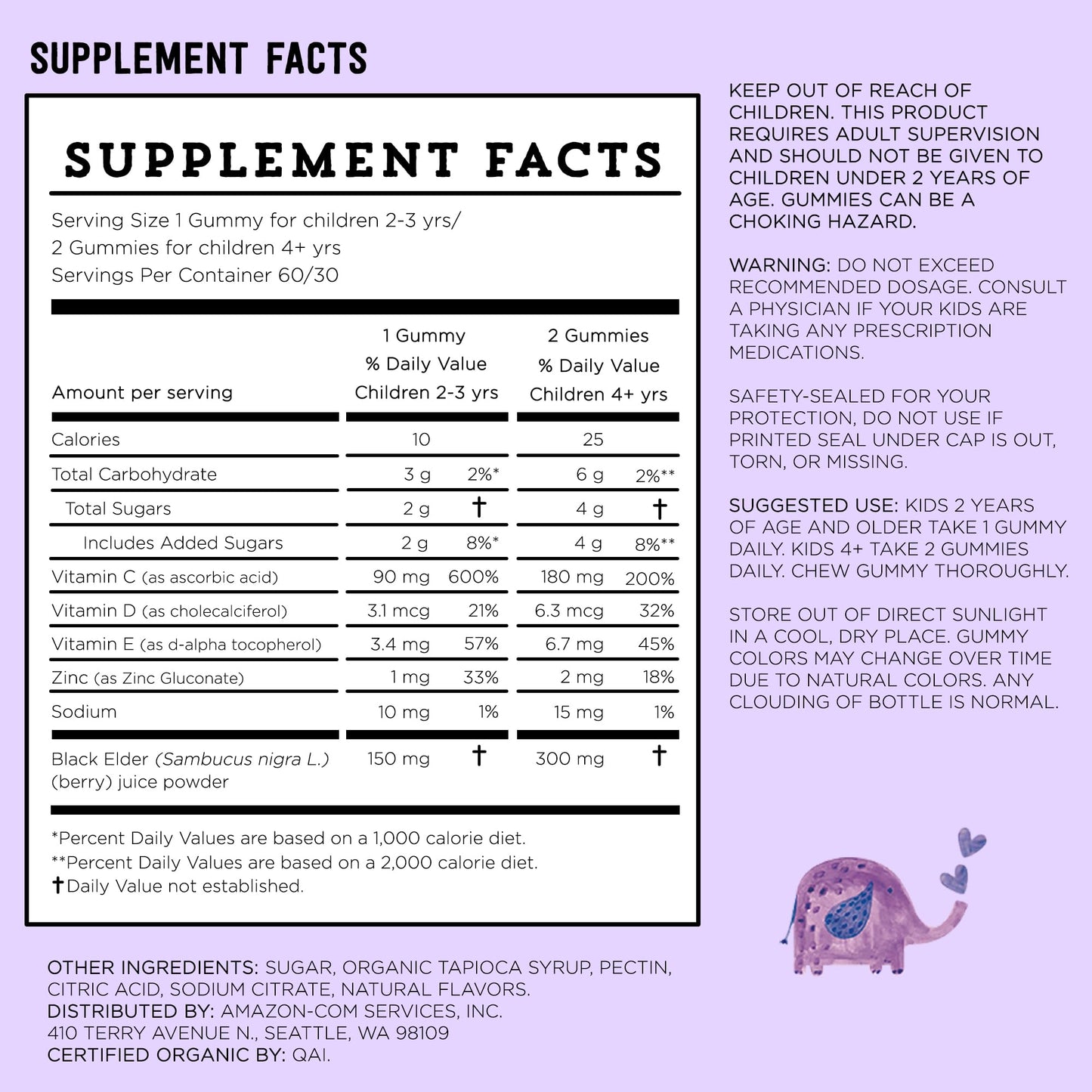 Amazon Brand - Mama Bear, Vegetarian Kids Black Elderberry Gummies 300 mg with Vitamins C, D, E and Zinc - Immune System Support - Maple Wellness Supplements