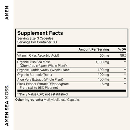 Amen Sea Moss Supplement - 1000mg Organic Irish Sea Moss, Bladderwrack, Burdock - Vitamin C, Aloe Vera, Black Pepper - Seaweed Superfood, Vitamins, Minerals, and Antioxidants - Non-GMO - 90 Capsules - Maple Wellness Supplements