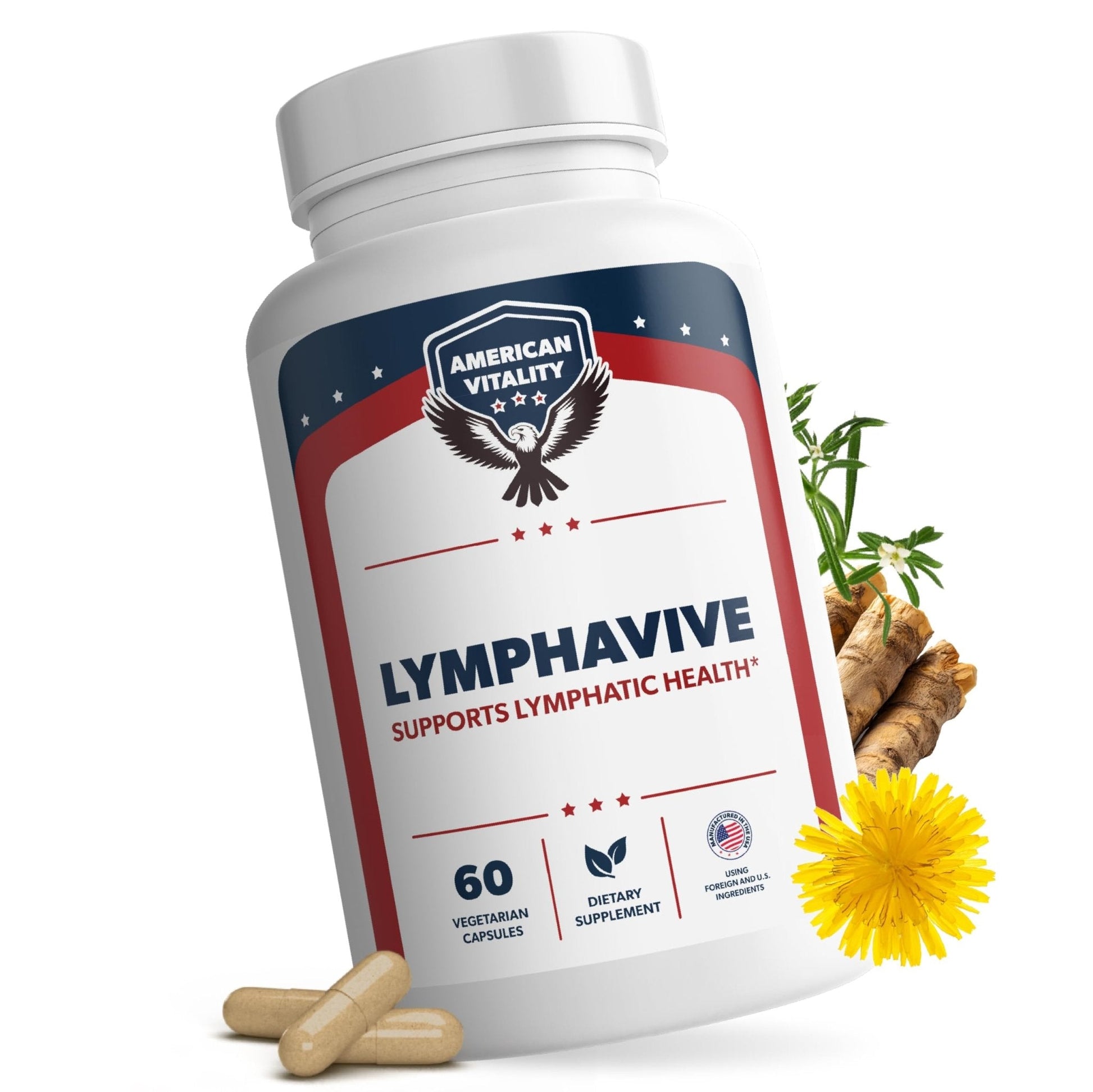AMERICAN VITALITY LymphaVive Lymphatic Drainage Supplements for Men & Women - Lymphatic Support with Bromelain, Echinacea, Burdock Root, Dandelion, Rutin, Kelp - 60 Capsules - Maple Wellness Supplements