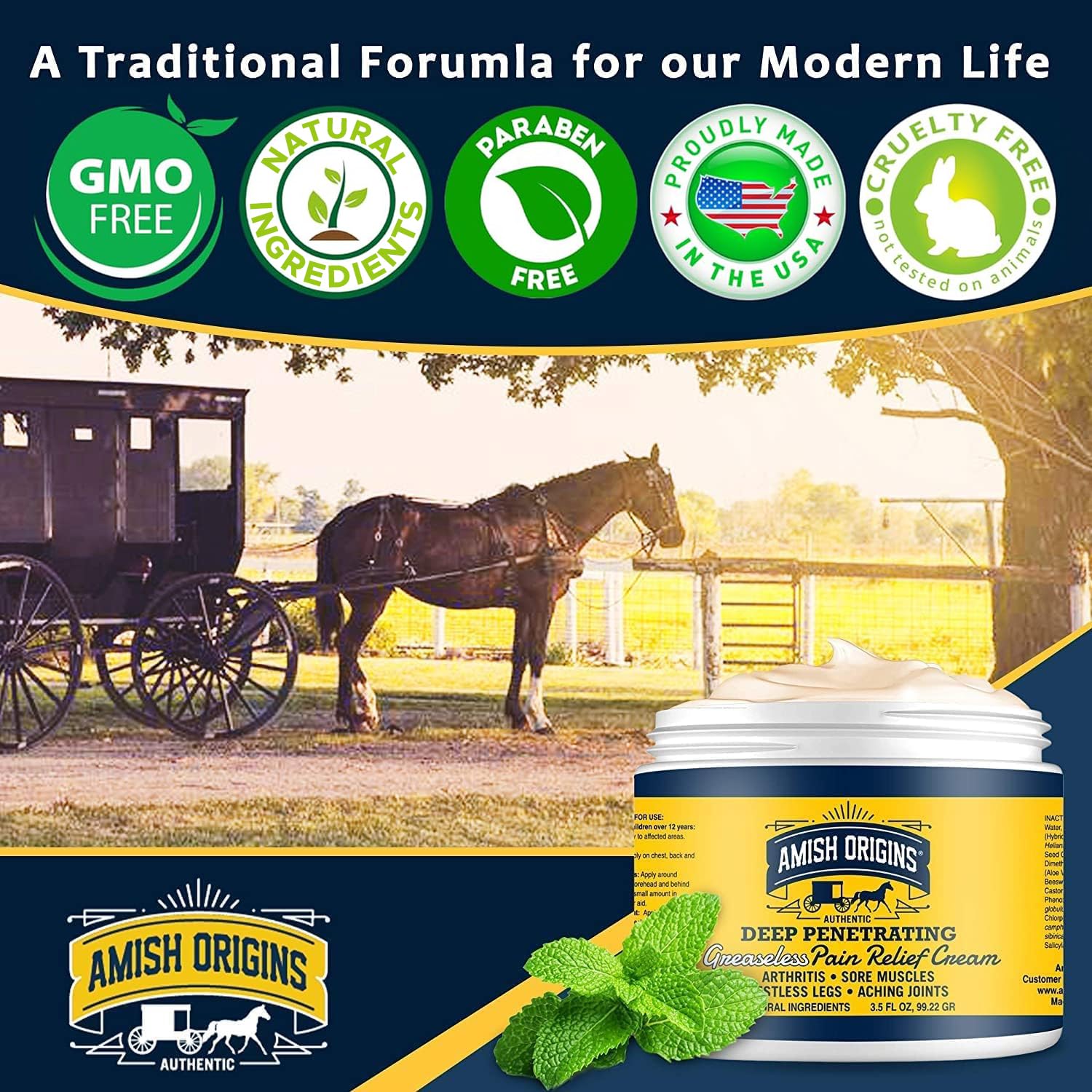 Amish Origins Arthritis Pain Relief Cream - 3.5 oz - Maximum Strength Deep Penetrating for Joint, Muscle, Knee, Back, Feet, Hand, Ankle, Aches, 1 Pack - Maple Wellness Supplements