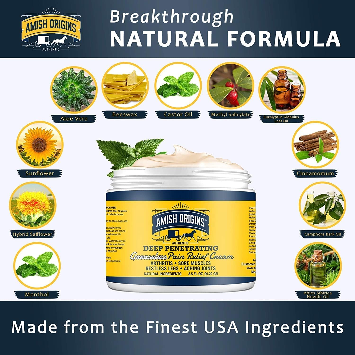 Amish Origins Arthritis Pain Relief Cream - 3.5 oz - Maximum Strength Deep Penetrating for Joint, Muscle, Knee, Back, Feet, Hand, Ankle, Aches, 1 Pack - Maple Wellness Supplements