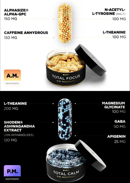 AMPM Nootropic Total Focus + Calm 9X Strength w. Caffeine, L-Theanine, Alpha GPC, L-Tyrosine, Ashwagandha - X-Release Energy Pills Nootropics Brain Support Supplements for Memory and Focus Supplement - Maple Wellness Supplements