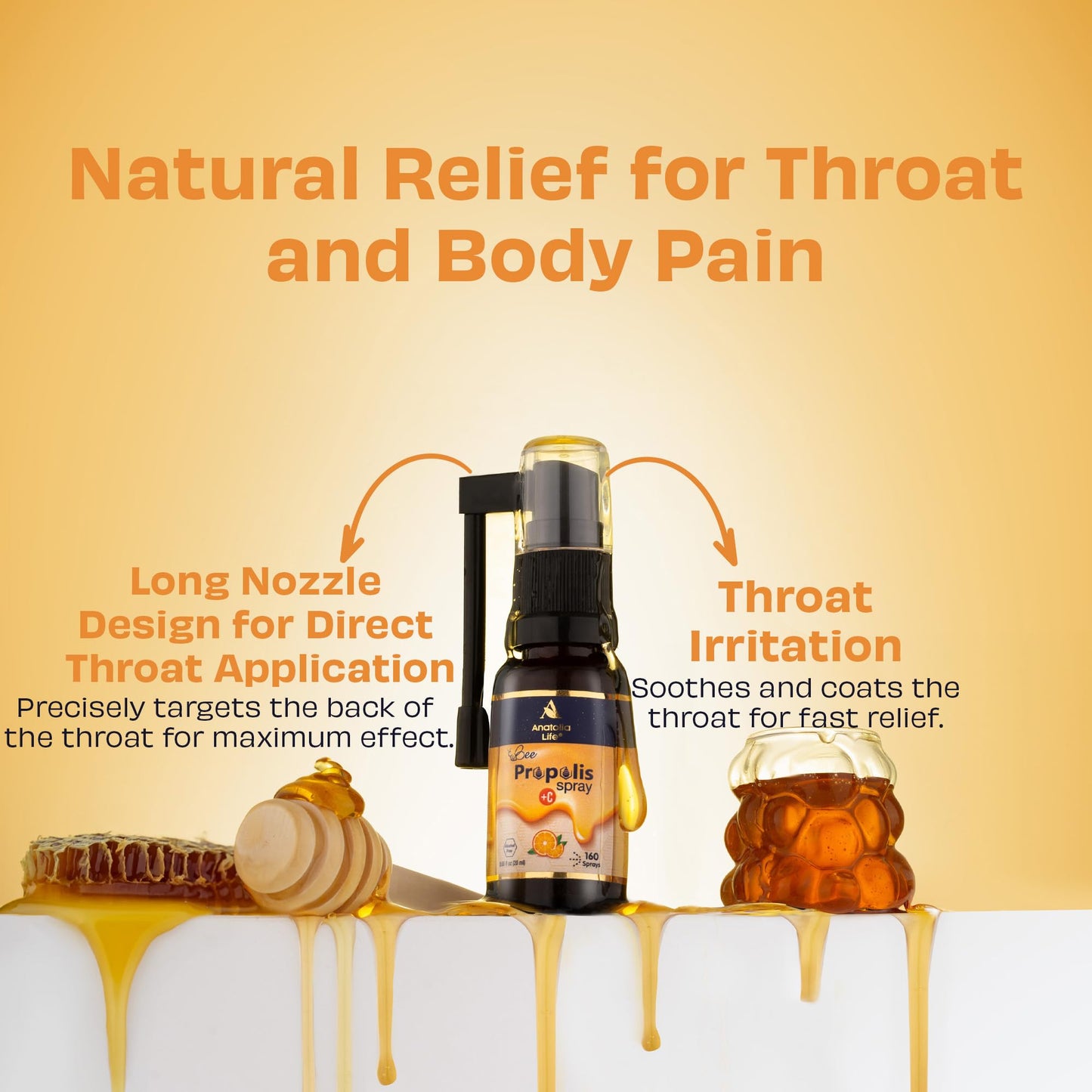 Anatolia Life Bee Propolis Spray + Vitamin C – Alcohol-Free, Natural Orange Flavor, 100% Pure Bee Propolis Extract, Antioxidant Support, Gentle Throat Comfort – 20 ml (~160 Sprays) - Maple Wellness Supplements