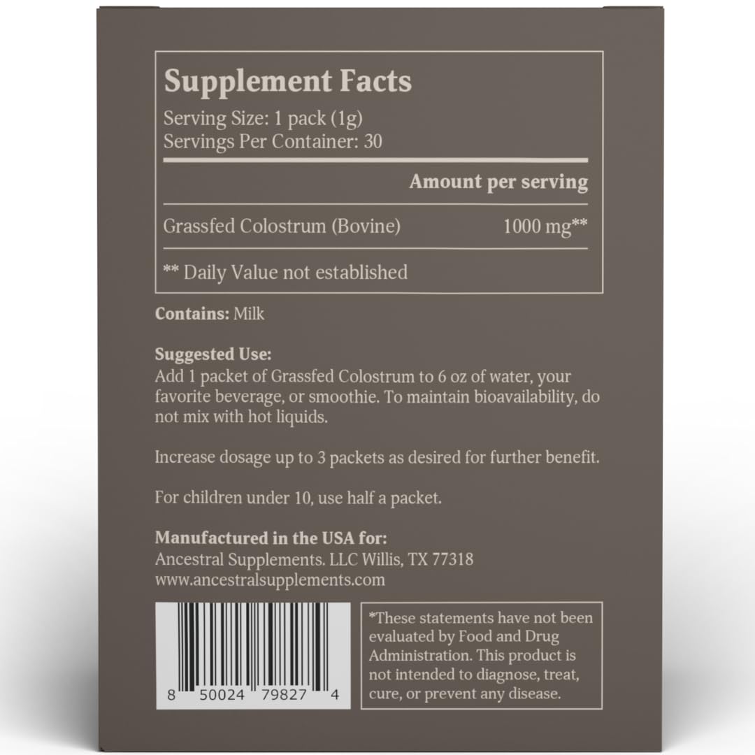 Ancestral Supplements Grass Fed Beef Bovine Colostrum Powder Packets, Immune Support - Maple Wellness Supplements