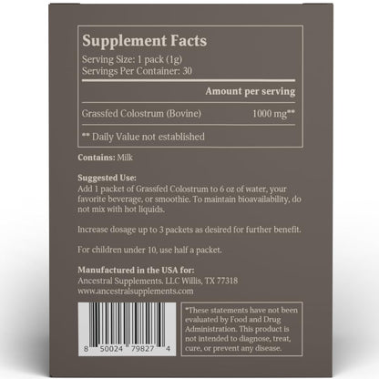 Ancestral Supplements Grass Fed Beef Bovine Colostrum Powder Packets, Immune Support - Maple Wellness Supplements