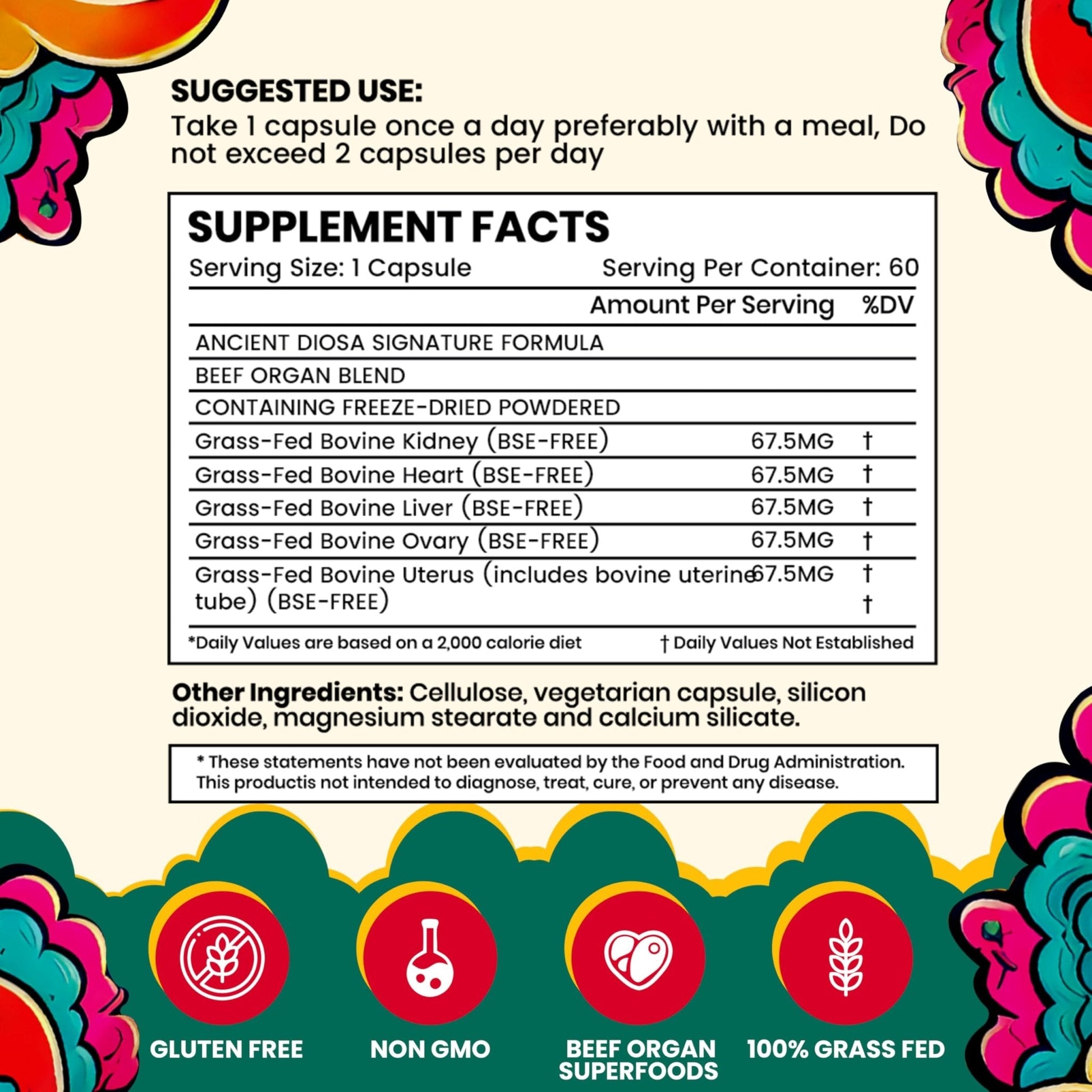 ANCIENT DIOSA Grass Fed Beef Liver Capsules - Female-Focused Organ Supplement with Liver, Heart, Ovary & Uterus - Supports Hormone Balance & Vitality, Whole Body Wellness - 60 Capsules - Maple Wellness Supplements