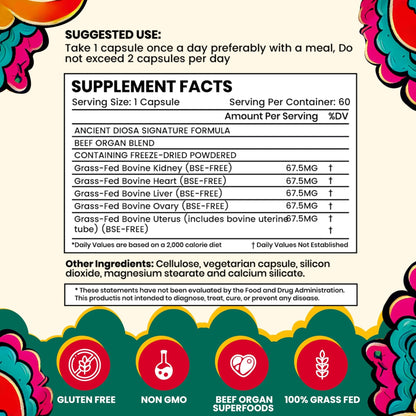 ANCIENT DIOSA Grass Fed Beef Liver Capsules - Female-Focused Organ Supplement with Liver, Heart, Ovary & Uterus - Supports Hormone Balance & Vitality, Whole Body Wellness - 60 Capsules - Maple Wellness Supplements