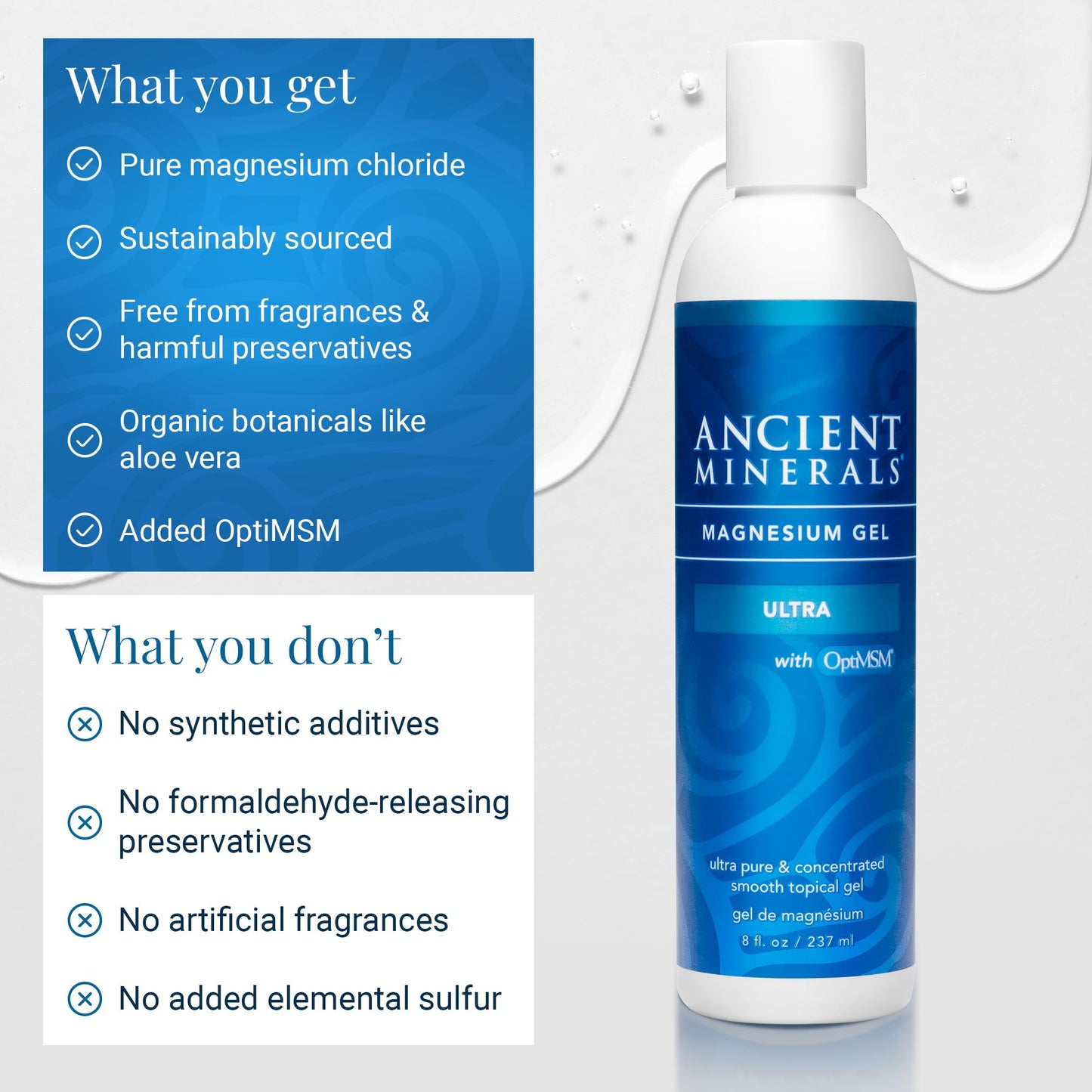Ancient Minerals Magnesium Gel Ultra with OptiMSM and Aloe Vera - Topical Magnesium Gel Formula with MSM Best Used for Massage and Topical Application (8oz) - Maple Wellness Supplements