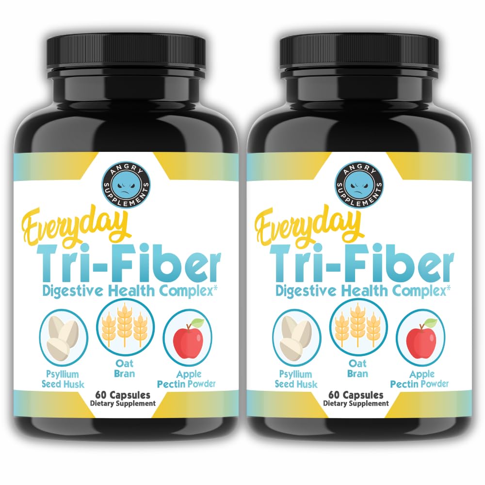Angry Supplements Tri-Fiber Digestive Health Complex – Psyllium Husk, Oat Bran & Apple Pectin – Prebiotic Fiber for Gut Health & Regularity – 60 Capsules (2-Bottles) - Maple Wellness Supplements