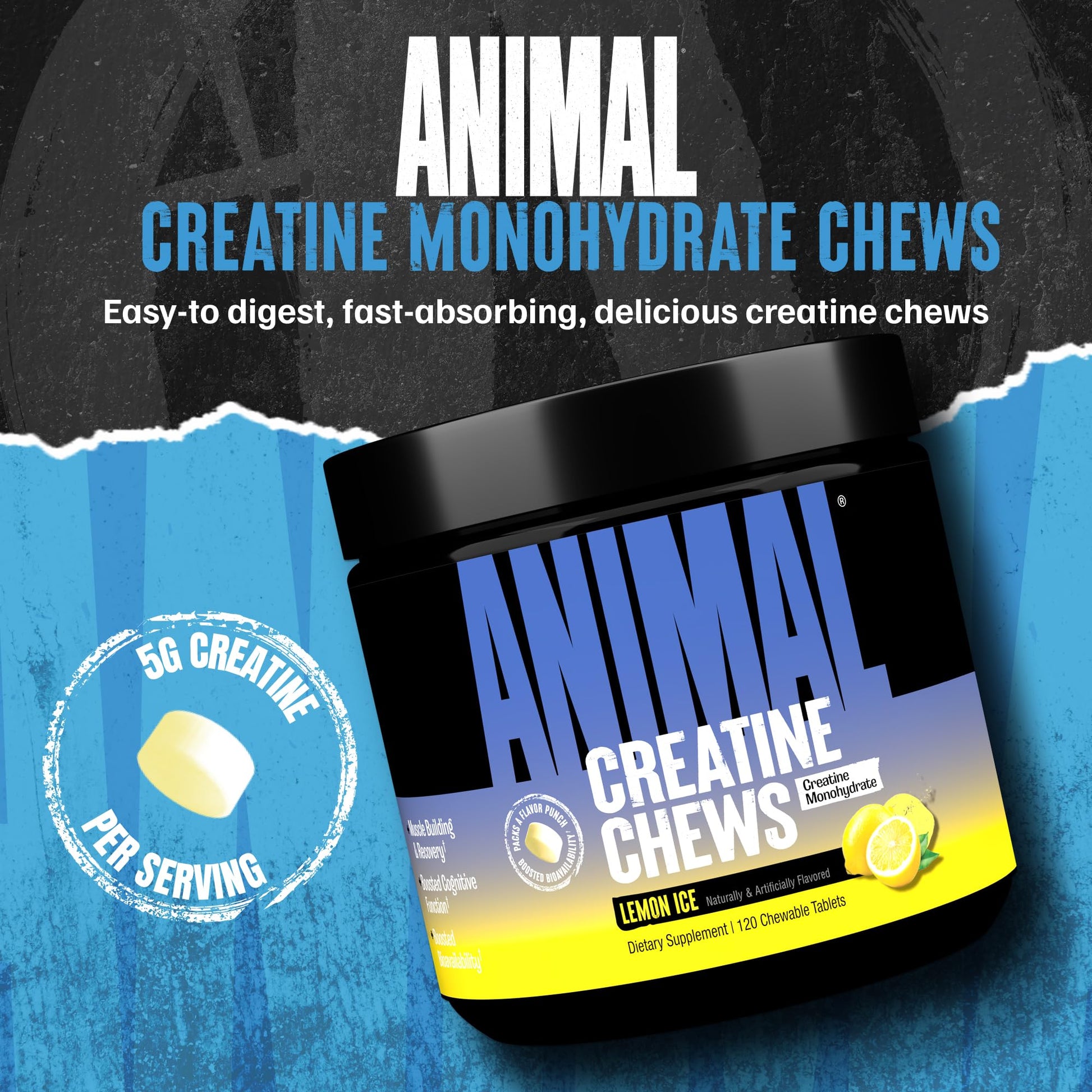 Animal Creatine Chews Tablets - Enhanced Creatine Monohydrate with AstraGin to Improve Absorption, Sea Salt for Added Pumps, Delicious and Convenient Chewable Tablets - Lemon Ice - Maple Wellness Supplements