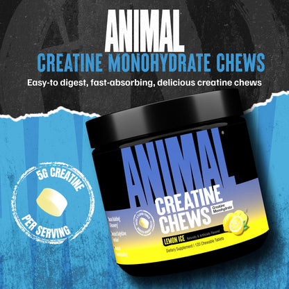 Animal Creatine Chews Tablets - Enhanced Creatine Monohydrate with AstraGin to Improve Absorption, Sea Salt for Added Pumps, Delicious and Convenient Chewable Tablets - Lemon Ice - Maple Wellness Supplements