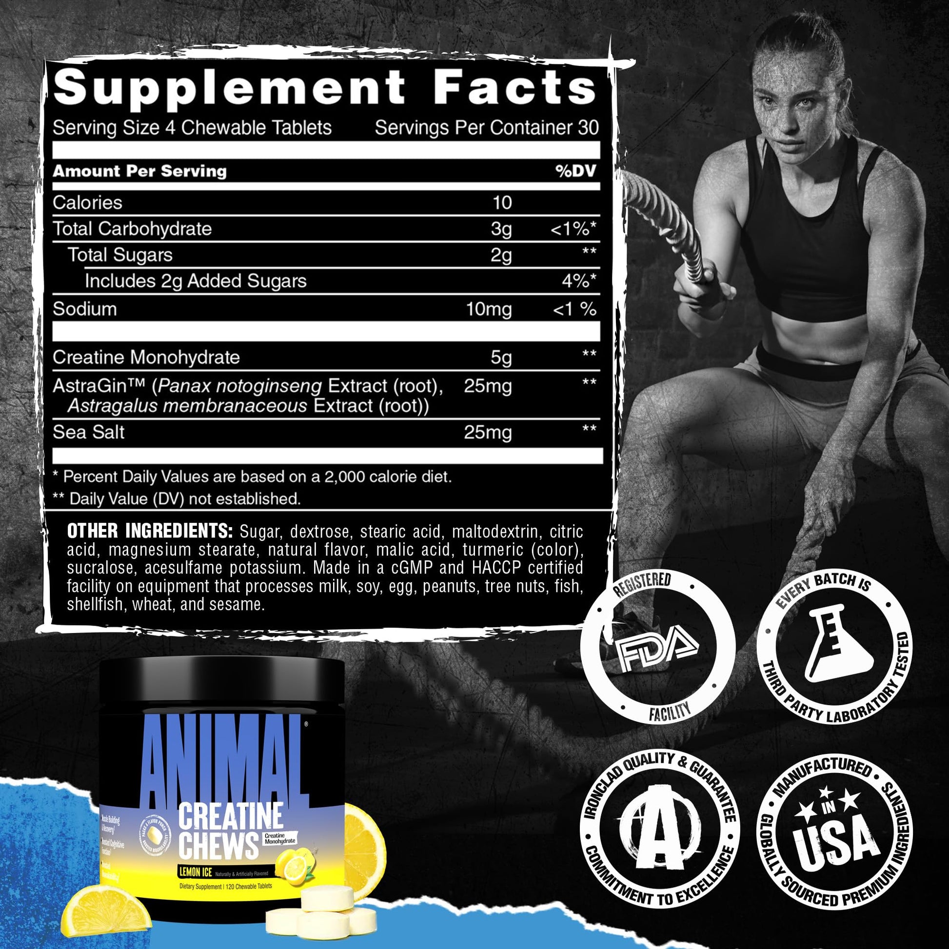 Animal Creatine Chews Tablets - Enhanced Creatine Monohydrate with AstraGin to Improve Absorption, Sea Salt for Added Pumps, Delicious and Convenient Chewable Tablets - Lemon Ice - Maple Wellness Supplements