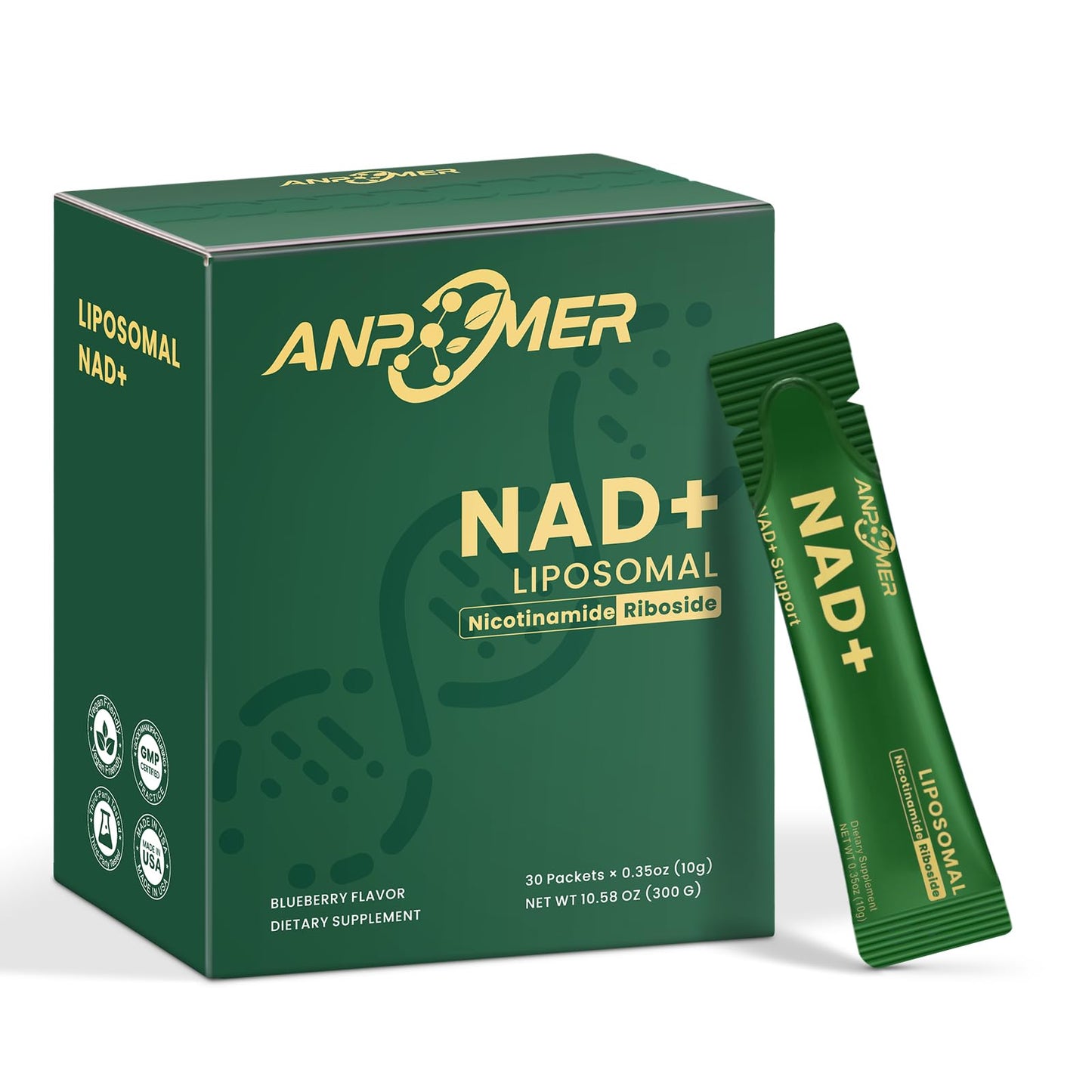ANPOMER NAD Supplement with Liposomal Nicotinamide Riboside 600mg, Resveratrol, CoQ10, PQQ & D-Ribose, Electrolyte Blend, 30 Liquid Packets - Maple Wellness Supplements