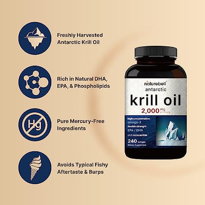 Antarctic Krill Oil 2000mg Supplement, 240 Softgels, 3X Strength Natural Source of Omega - Maple Wellness Supplements