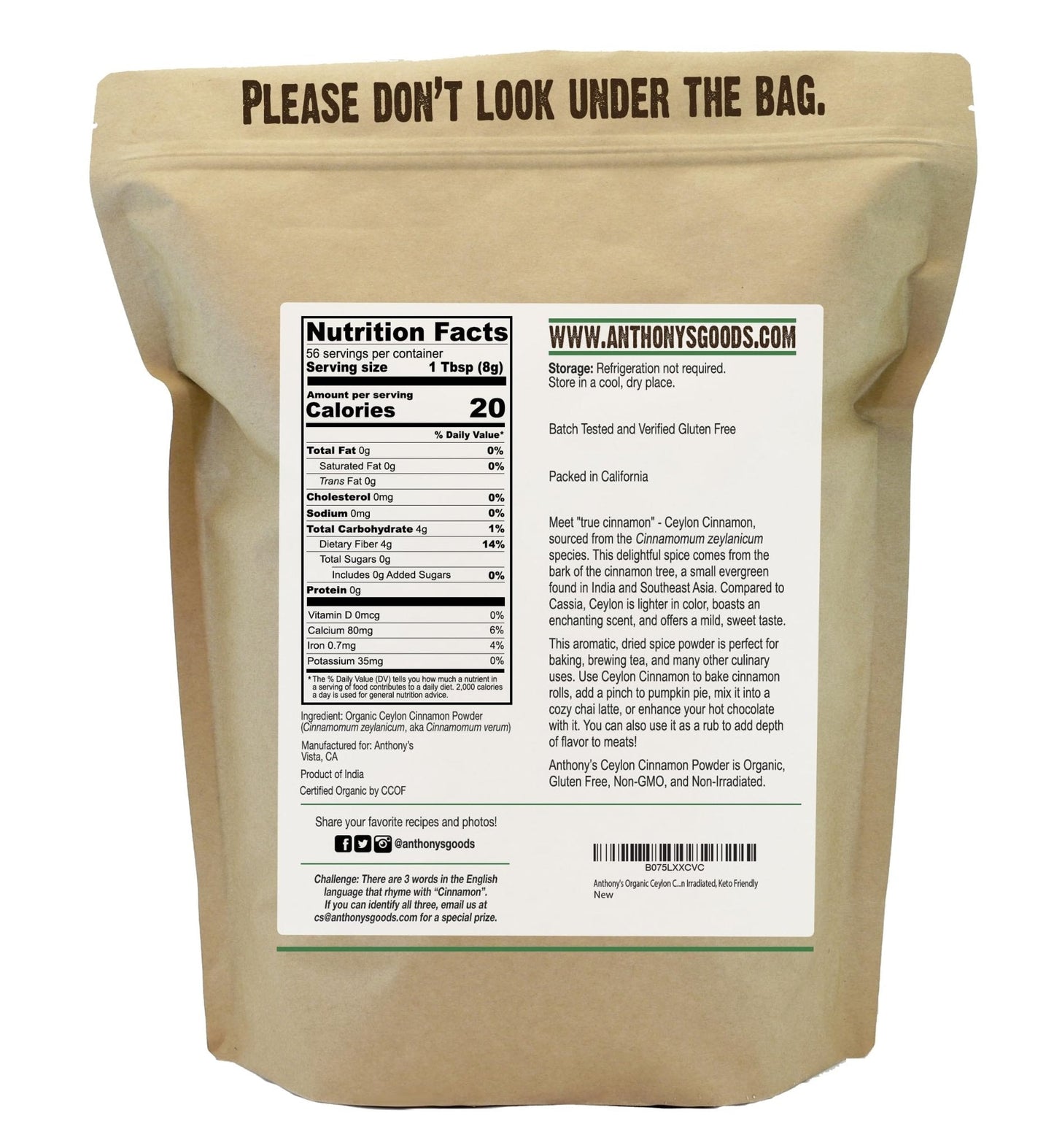 Anthony's Organic Ceylon Cinnamon Powder, 1 lb, Ground, Gluten Free, Non Irradiated, Non GMO, Keto Friendly - Maple Wellness Supplements