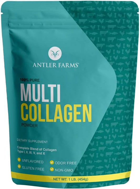 Antler Farms - Multi Collagen Protein Powder - 5 Types (I, II, III, V, and X) 100% Pure Hydrolyzed Collagen Peptides for Men and Women - Bioavailable, Rapid Absorption - Unflavored - 1 lb - Maple Wellness Supplements