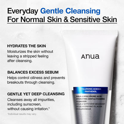Anua Hydrating Gentle Foaming Cleanser, Hyaluronic Acid, Glycerin, Zinc, Panthenol, Korean Face Wash for Dry Skin - Maple Wellness Supplements