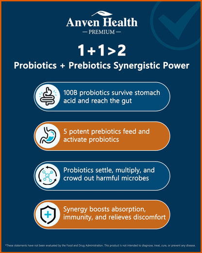 Anven Health 100 Billion Probiotics for Men and Women 27 Strains 5 Organic Prebiotics for Gut Digestive & Immune Health, Supports Diarrhea Gas Bloating, - Maple Wellness Supplements