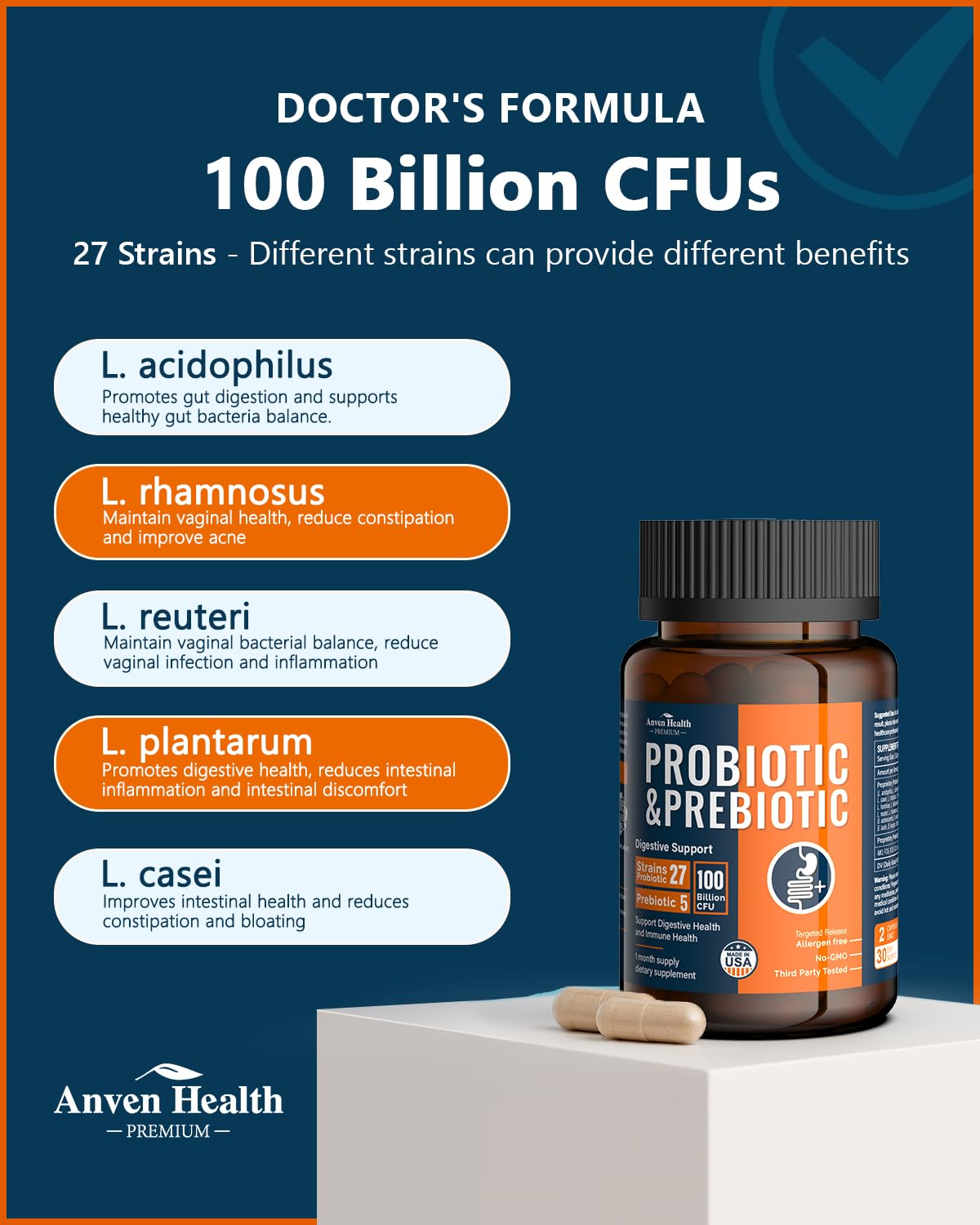 Anven Health 100 Billion Probiotics for Men and Women 27 Strains 5 Organic Prebiotics for Gut Digestive & Immune Health, Supports Diarrhea Gas Bloating - Maple Wellness Supplements