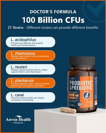 Anven Health 100 Billion Probiotics for Men and Women 27 Strains 5 Organic Prebiotics for Gut Digestive & Immune Health, Supports Diarrhea Gas Bloating, - Maple Wellness Supplements