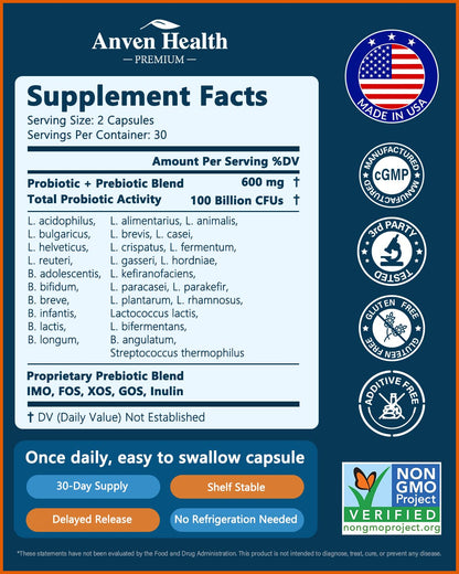 Anven Health 100 Billion Probiotics for Men and Women 27 Strains 5 Organic Prebiotics for Gut Digestive & Immune Health, Supports Diarrhea Gas Bloating, - Maple Wellness Supplements