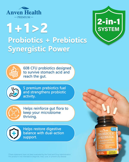 Anven Health 60 Billion Probiotic and Prebiotic for Women and Men - 19 Strains 5 Organic Prebiotics for Gut Digestive & Immune Health, Supports Diarrhea Gas Bloating, Non-GMO – Made in USA丨60 Caps - Maple Wellness Supplements