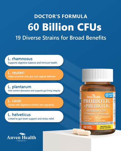 Anven Health 60 Billion Probiotic and Prebiotic for Women and Men - 19 Strains 5 Organic Prebiotics for Gut Digestive & Immune Health, Supports Diarrhea Gas Bloating, Non-GMO – Made in USA丨60 Caps - Maple Wellness Supplements