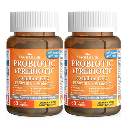 Anven Health 60 Billion Probiotics for Women and Men 19 Strains 5 Organic Prebiotics for Gut Digestive & Immune Health, Supports Diarrhea Gas Bloating, Vegan Probiotic Supplement Formula丨120 Caps - Maple Wellness Supplements