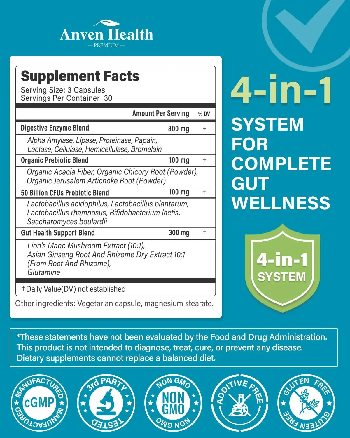 Anven Health 800mg Digestive Enzymes for Men and Women with Probiotics & Prebiotics, 8 Key Enzymes, Protease, Amylase & Lipase | 180 Capsules - A 60-Day Supply for Bloating & Gas Relief - Non-GMO - Maple Wellness Supplements