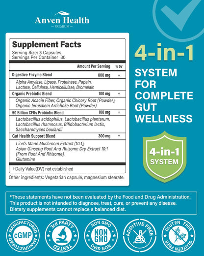 Anven Health 800mg Digestive Enzymes for Men and Women with Probiotics & Prebiotics, 8 Key Enzymes, Protease, Amylase & Lipase | 270 Capsules - A 90-Day Supply - Maple Wellness Supplements