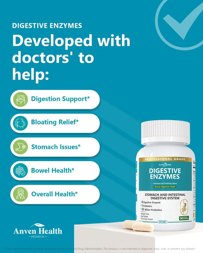 Anven Health 800mg Digestive Enzymes for Men and Women with Probiotics & Prebiotics, 8 Key Enzymes, Protease, Amylase & Lipase | 270 Capsules - A 90-Day Supply - Maple Wellness Supplements