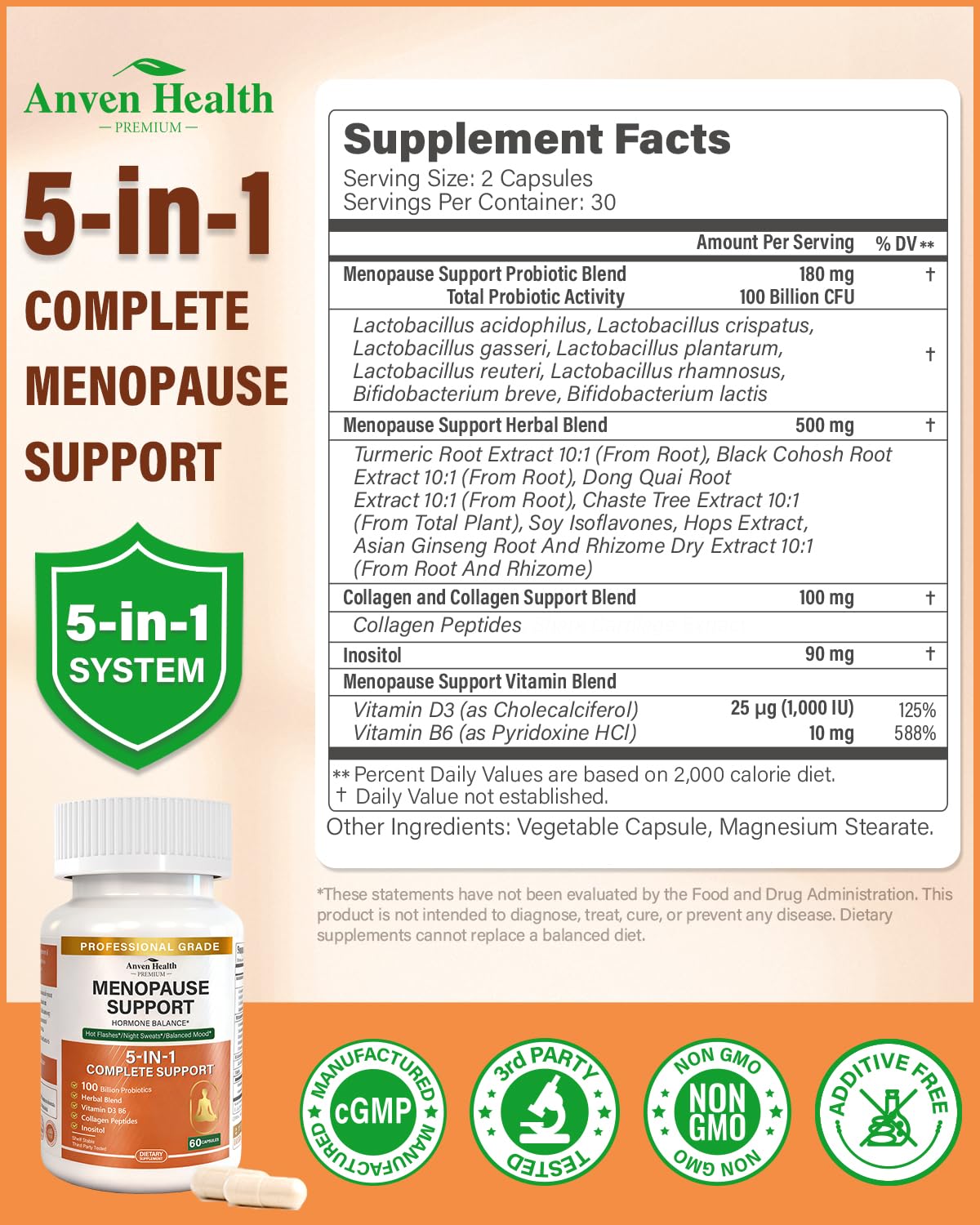 Anven Health Menopause Supplements for Women, Vitamin D3 & B6, Menopause Relief Probiotics Supports Hot Flashes, Night Sweats, Bloating & Gut Health with Black Cohosh, Herbs, Collagen | 60 Veggie Caps - Maple Wellness Supplements