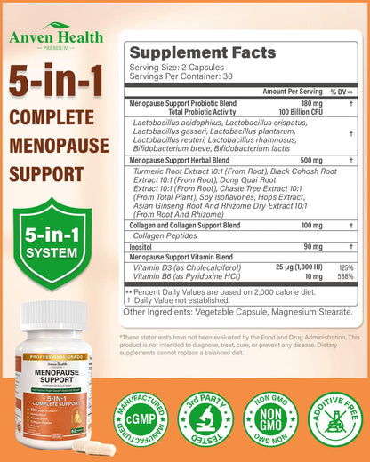 Anven Health Menopause Supplements for Women, Vitamin D3 & B6, Menopause Relief Probiotics Supports Hot Flashes, Night Sweats, Bloating & Gut Health with Black Cohosh, Herbs, Collagen | 60 Veggie Caps - Maple Wellness Supplements