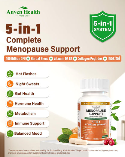 Anven Health Menopause Supplements for Women, Vitamin D3 & B6, Menopause Relief Probiotics Supports Hot Flashes, Night Sweats, Bloating & Gut Health with Black Cohosh, Herbs, Collagen | 60 Veggie Caps - Maple Wellness Supplements