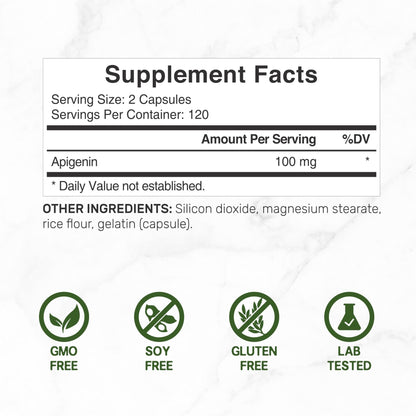 Apigenin, 100mg Per Serving, 240 Capsules – Raw Plant Extract from Chamomile Flower – Active Bioflavonoids & Antioxidants - Maple Wellness Supplements