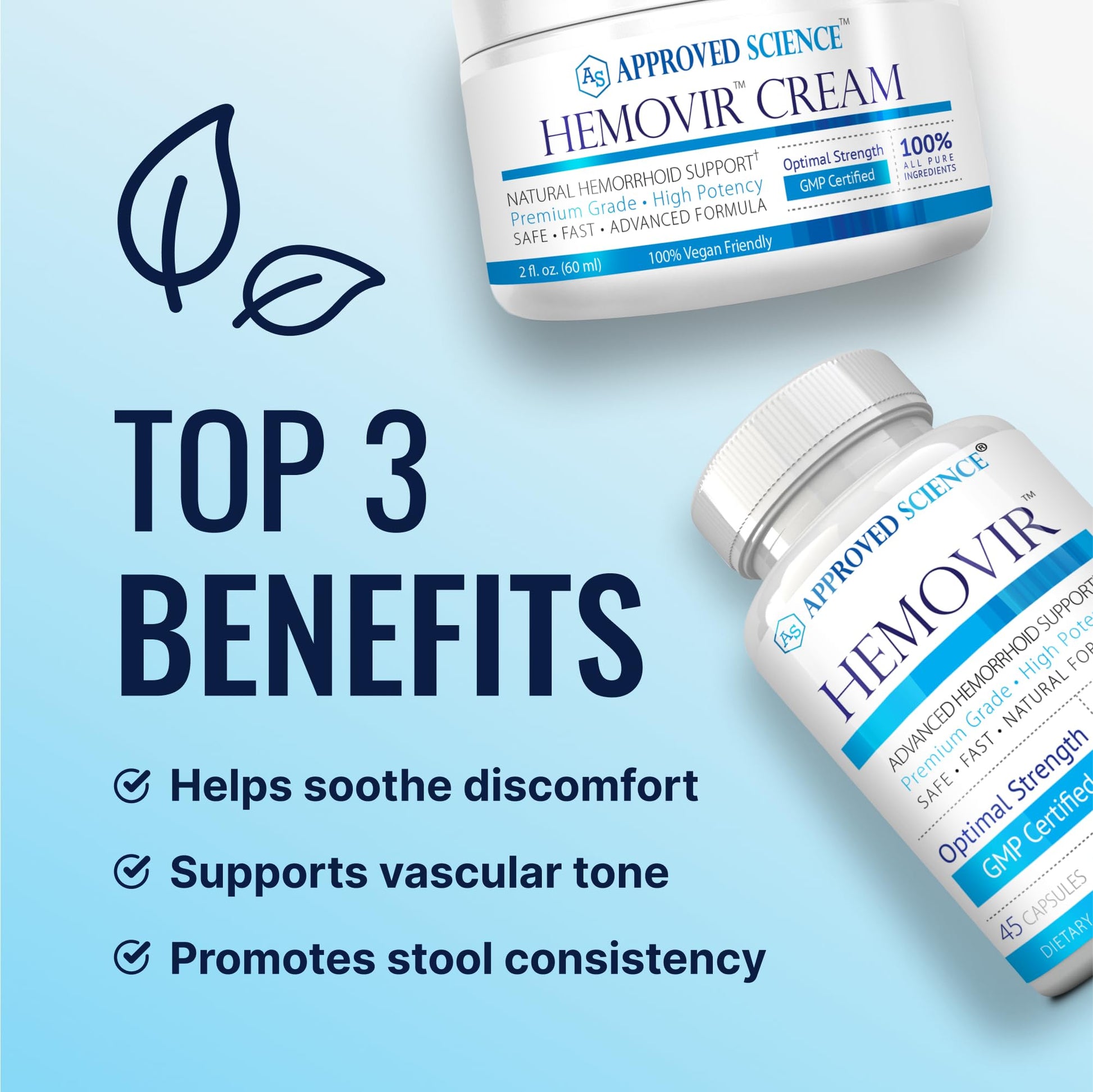 Approved Science Hemovir - Hemorrhoid Capsules and Cream - Dual-Action Stops Itching and Optimizes Blood Flow - Internal and External Care - 45 Capsules + 2 Fl Oz - Vegan - Non GMO - Made in The USA - Maple Wellness Supplements