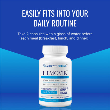 Approved Science Hemovir - Hemorrhoid Support Supplement - Witch Hazel, Horse Chestnut - 45 Capsules - 1 Bottle - Vegan - Maple Wellness Supplements