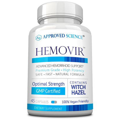 Approved Science Hemovir - Hemorrhoid Support Supplement - Witch Hazel, Horse Chestnut - 45 Capsules - 1 Bottle - Vegan - Maple Wellness Supplements