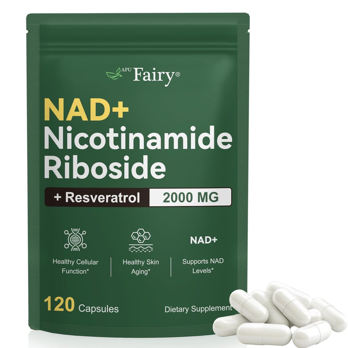 APU.FAIRY NAD Supplement,NAD Nicotinamide Riboside,Extra Strength NAD Alternative Liposomal,Boost NAD & Resveratrol + for Women & Men,Energy Anti-Aging,Cell Regeneration,120 Capsules sack-120 - Maple Wellness Supplements