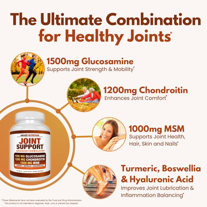 Arazo Nutrition Glucosamine Chondroitin Turmeric Msm Boswellia - Joint Support Supplement for Relief 180 Tablets for Bones, Back, - Maple Wellness Supplements