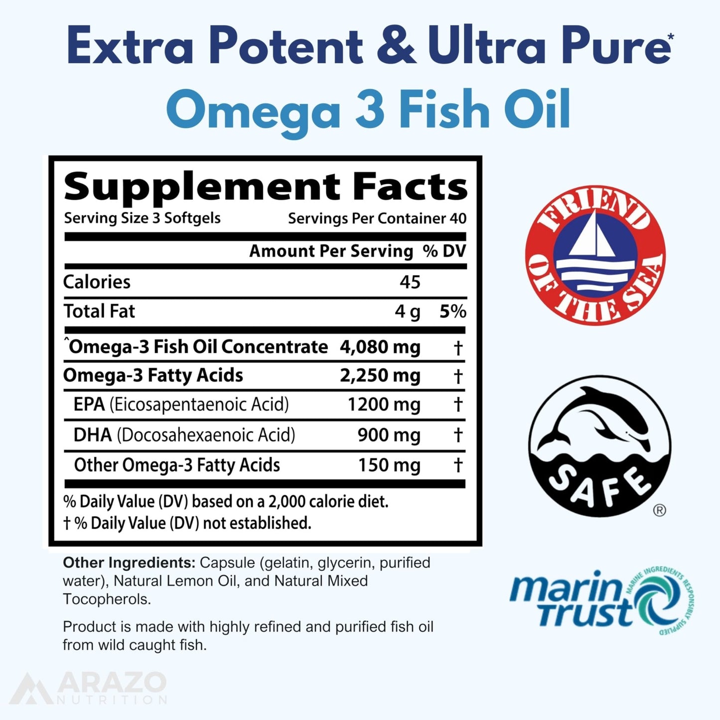 Arazo Nutrition Wild Caught Omega-3 Fish Oil Concentrate – 4,080mg per Serving – High EPA 1200mg & DHA 900mg - Maple Wellness Supplements